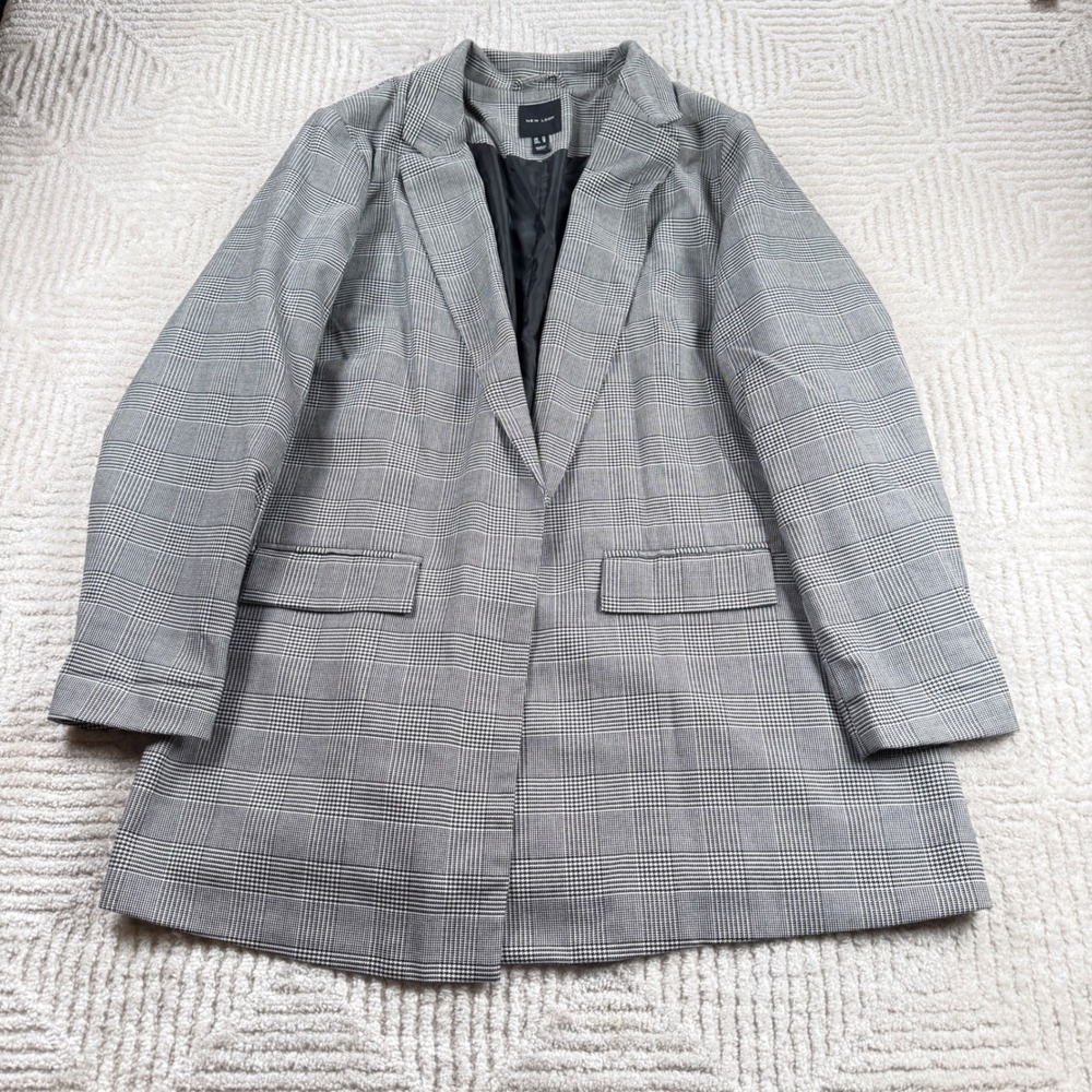 New Look Blazer Womens 18 Grey Plaid Glen Check Longline Office Coat Academia